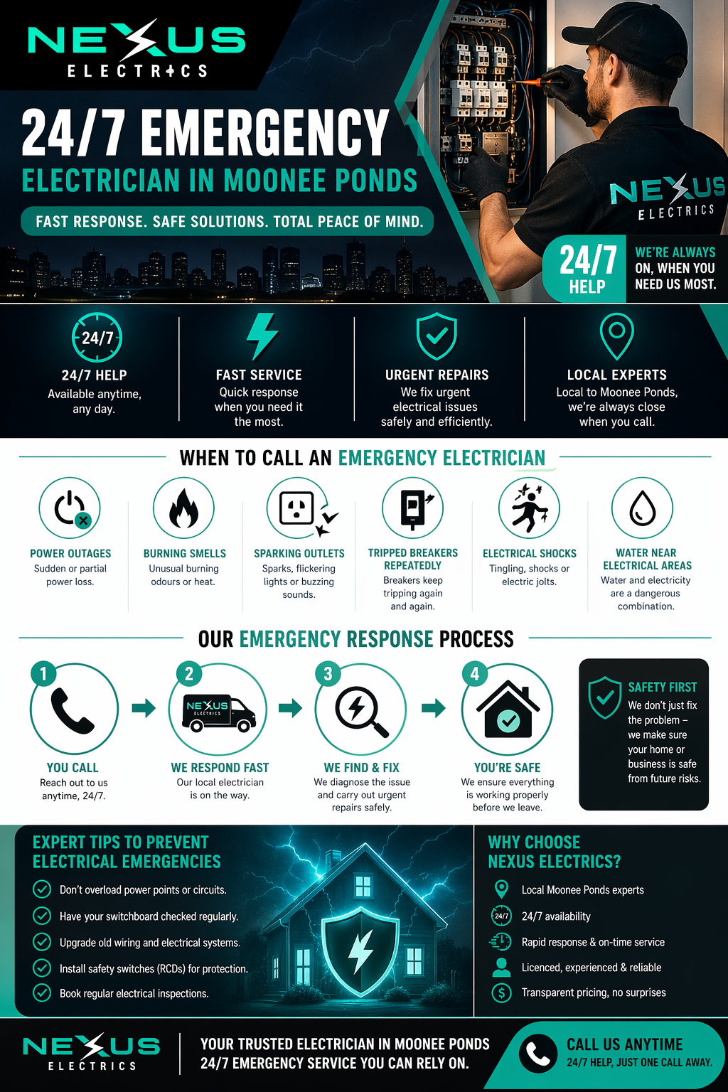 Emergency electrician Moonee Ponds infographic showing 24/7 help fast service urgent repairs